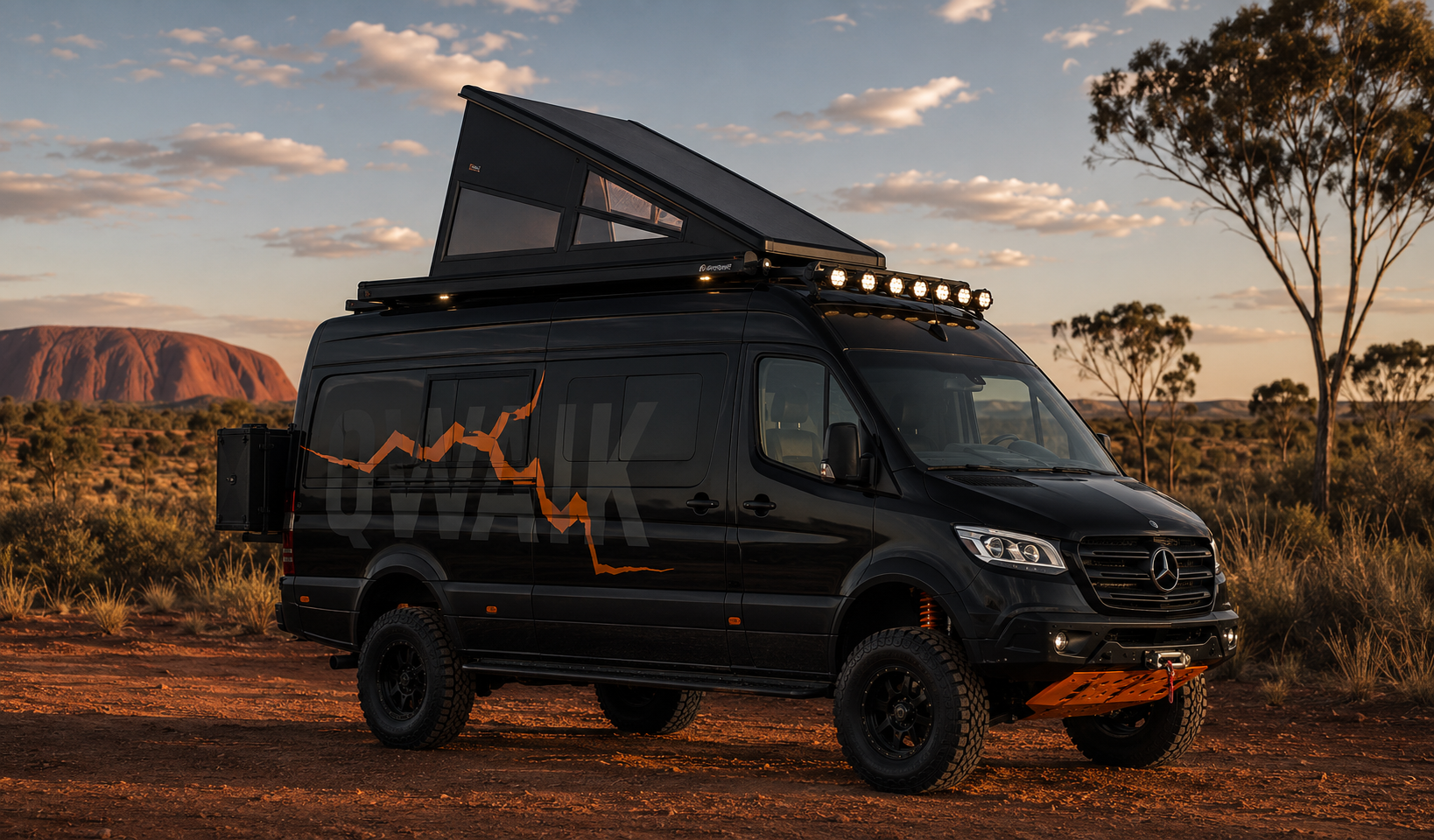 QWAIK blacked-out Mercedes-Benz 4x4 Sprinter camper parked in the outback at golden hour