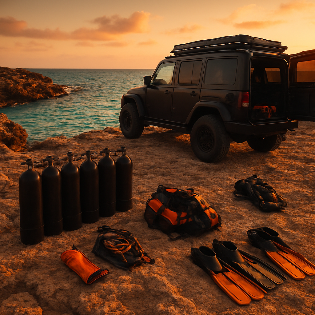 Scuba base camp with tanks and orange dive gear beside a blacked-out 4x4 camper