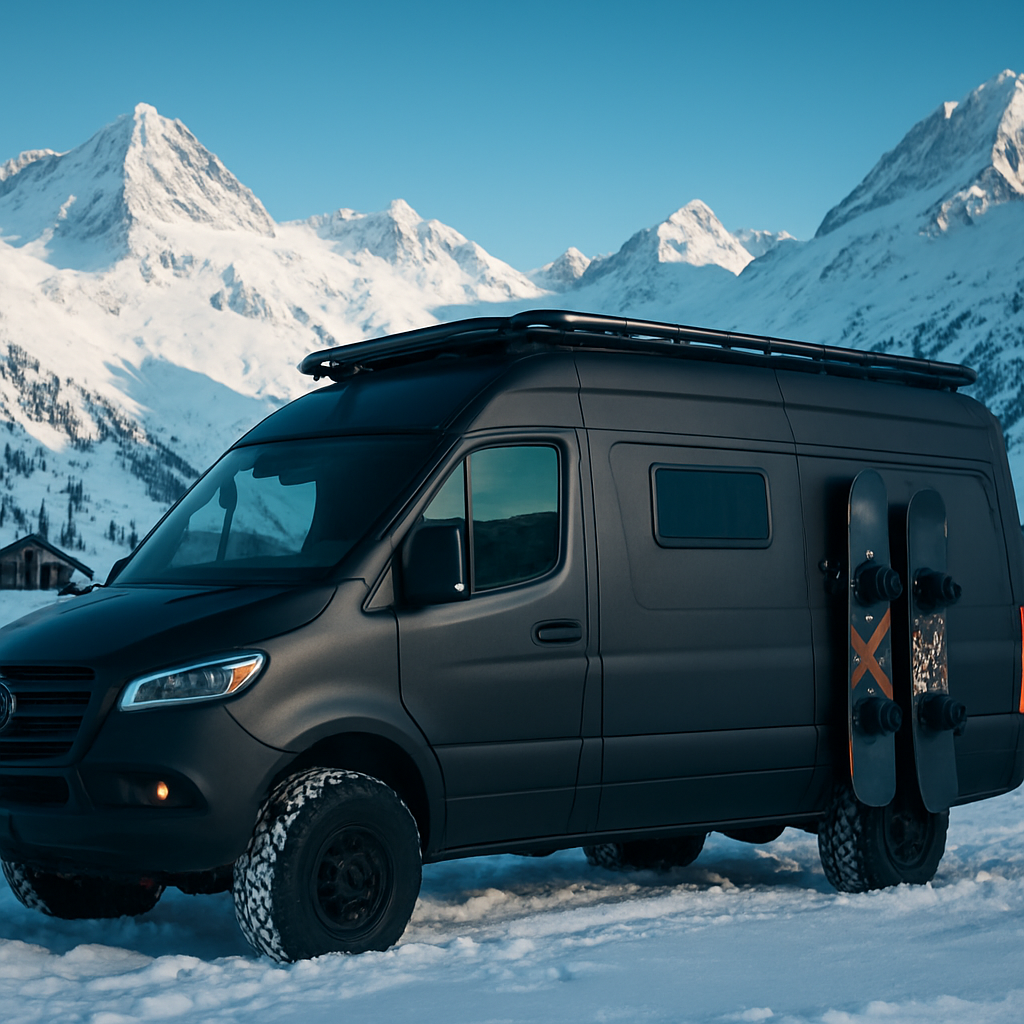Blacked-out Mercedes-Benz 4x4 Sprinter camper in the snow with snowboards on the side rack